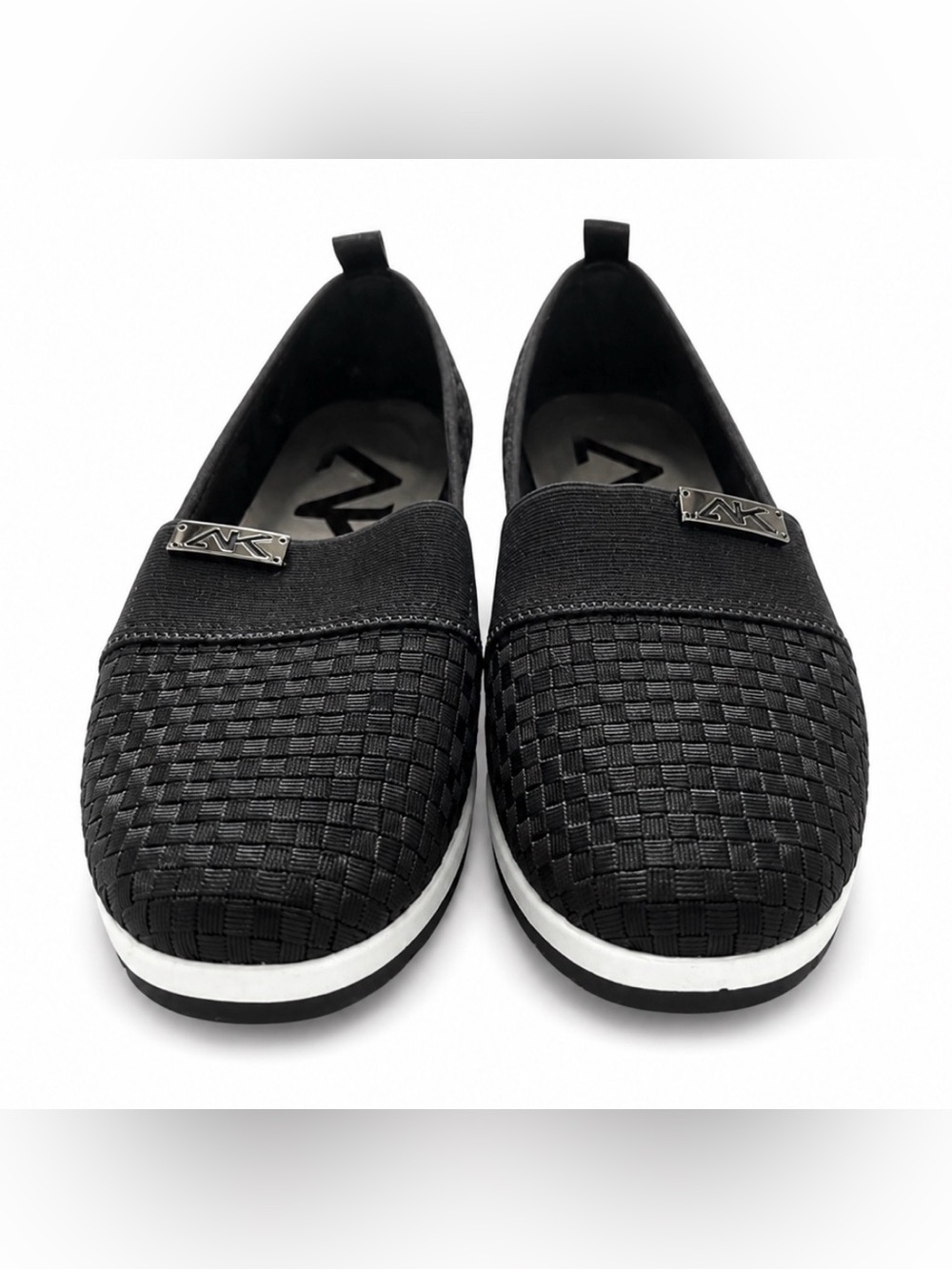 Anne Klein Black Woven Slip-On Flats with Metal AK Accent